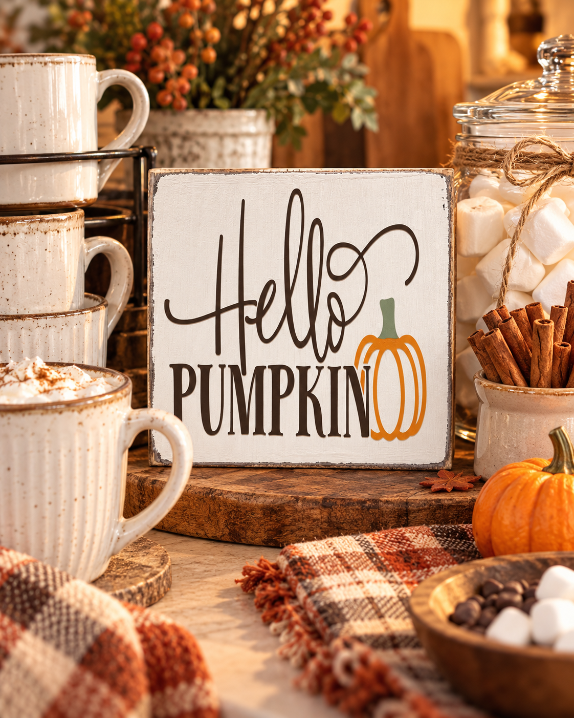 Hello Pumpkin Wood Block Sign - Fall Tiered Tray & Shelf Decor (5"x5")