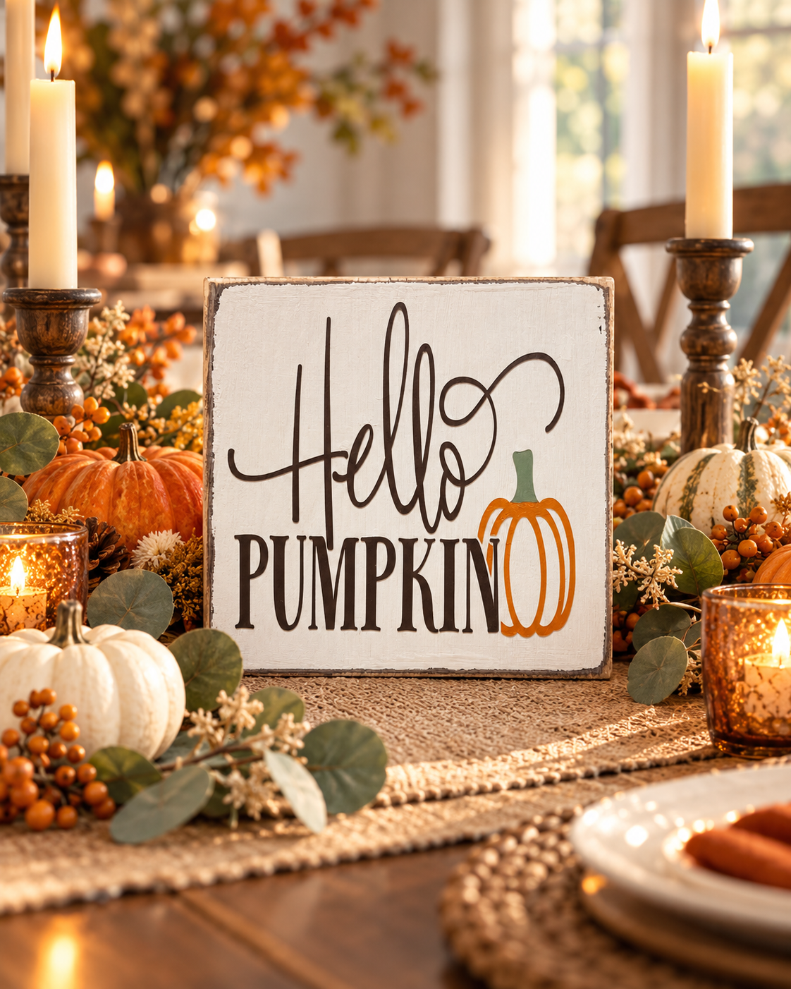 Hello Pumpkin Wood Block Sign - Fall Tiered Tray & Shelf Decor (5"x5")