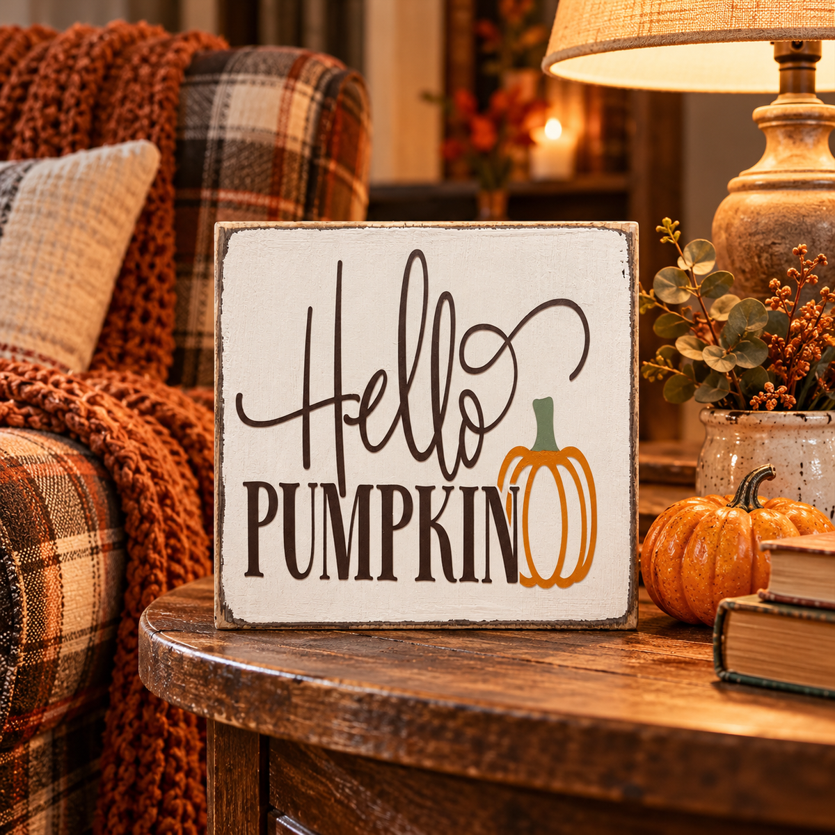 Hello Pumpkin Wood Block Sign - Fall Tiered Tray & Shelf Decor (5"x5")
