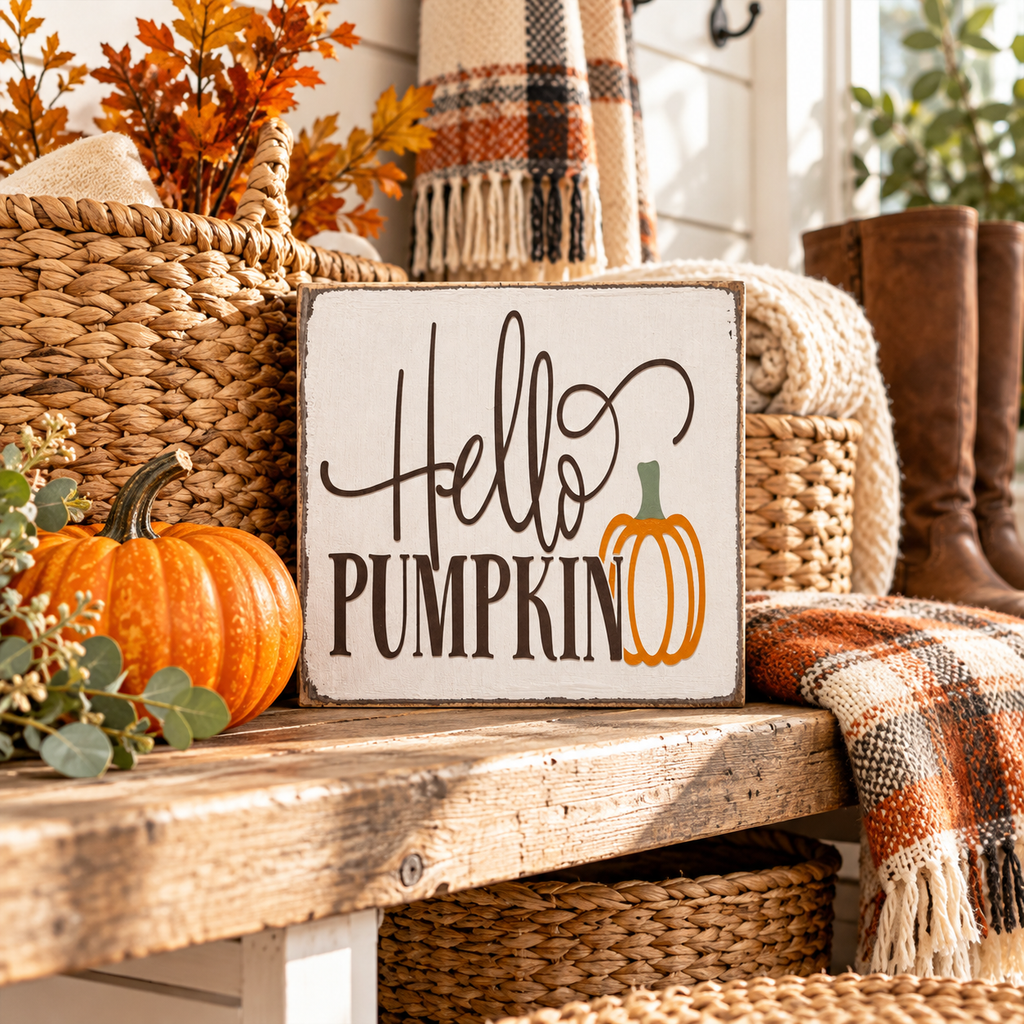 Hello Pumpkin Wood Block Sign - Fall Tiered Tray & Shelf Decor (5"x5")