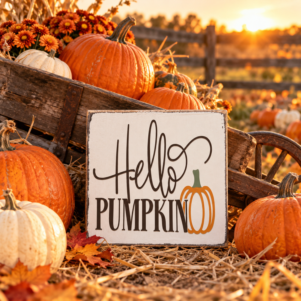 Hello Pumpkin Wood Block Sign - Fall Tiered Tray & Shelf Decor (5"x5")