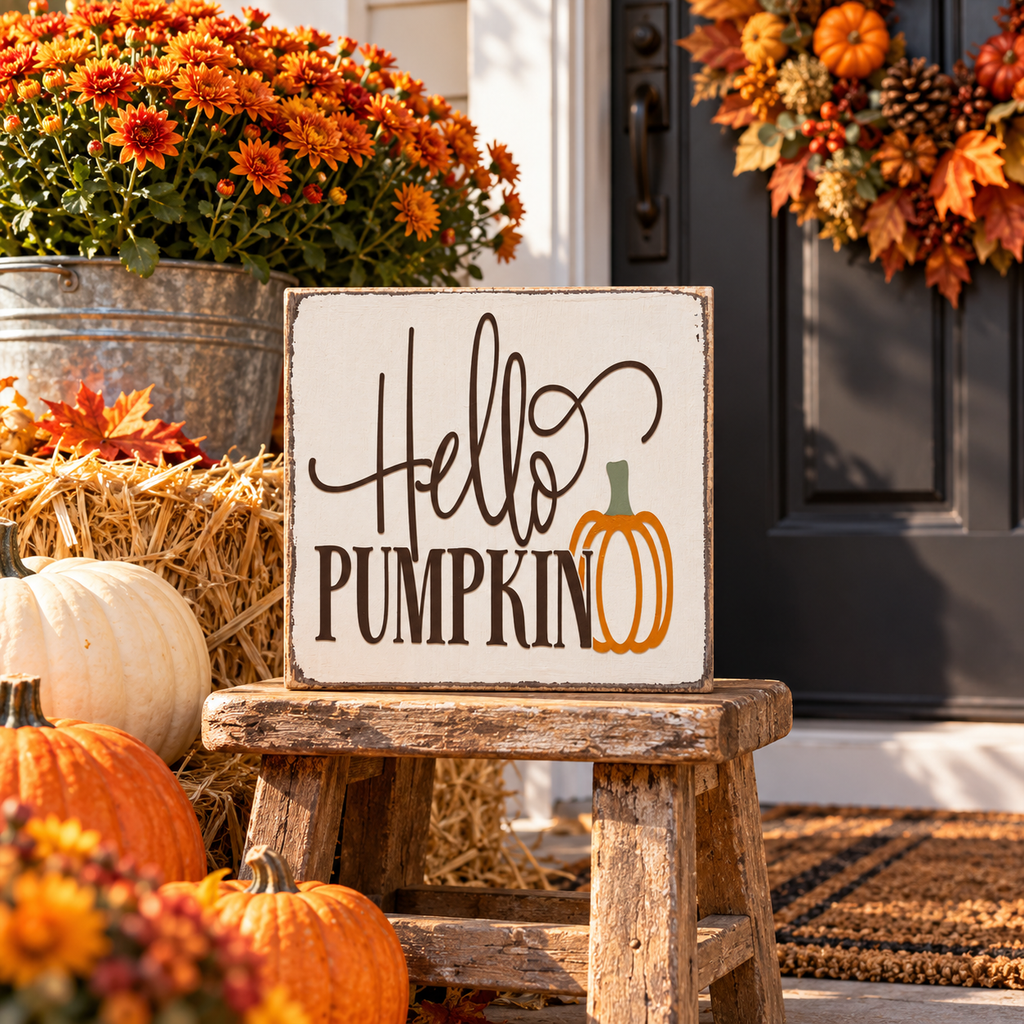 Hello Pumpkin Wood Block Sign - Fall Tiered Tray & Shelf Decor (5"x5")