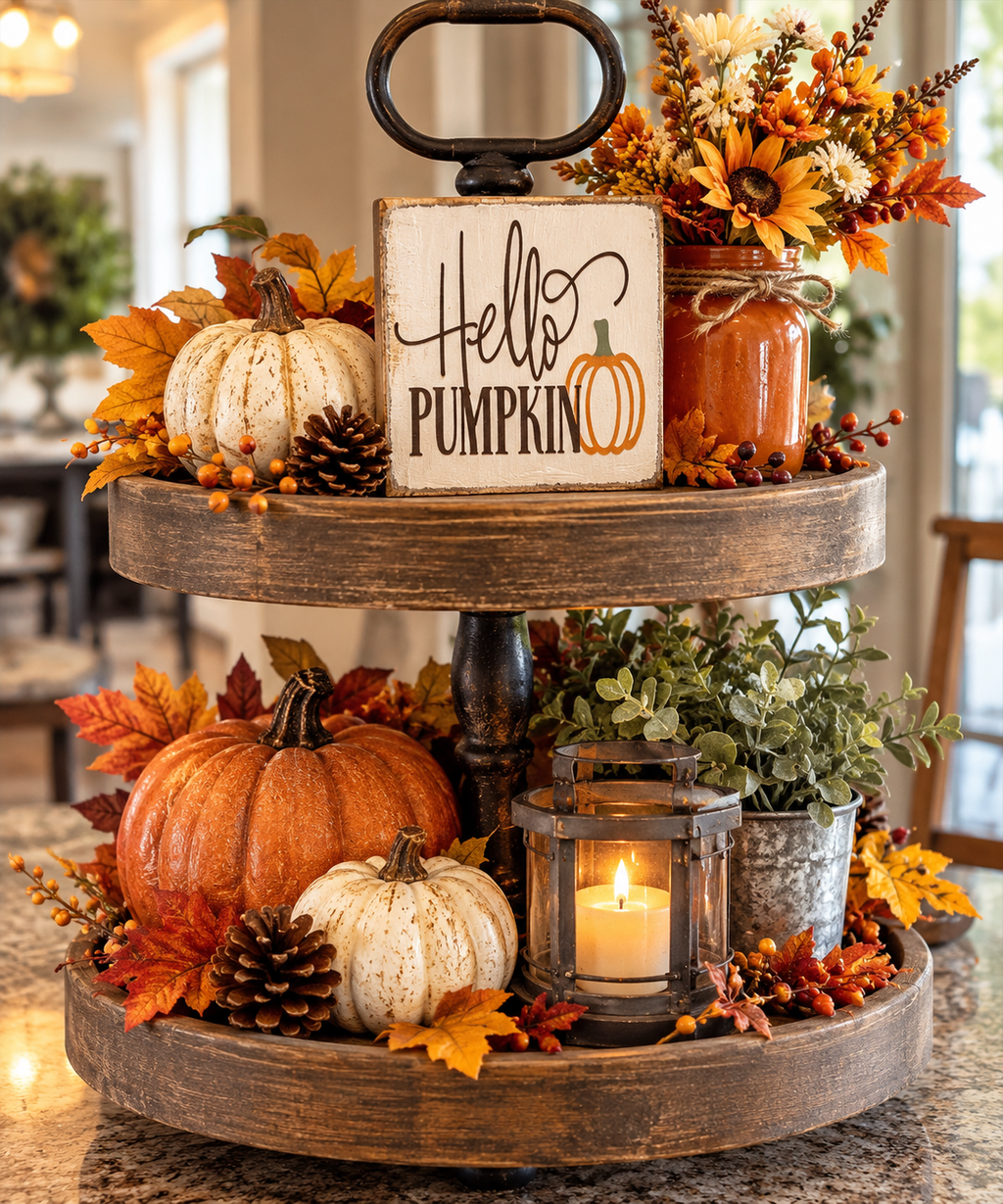 Hello Pumpkin Wood Block Sign - Fall Tiered Tray & Shelf Decor (5"x5")