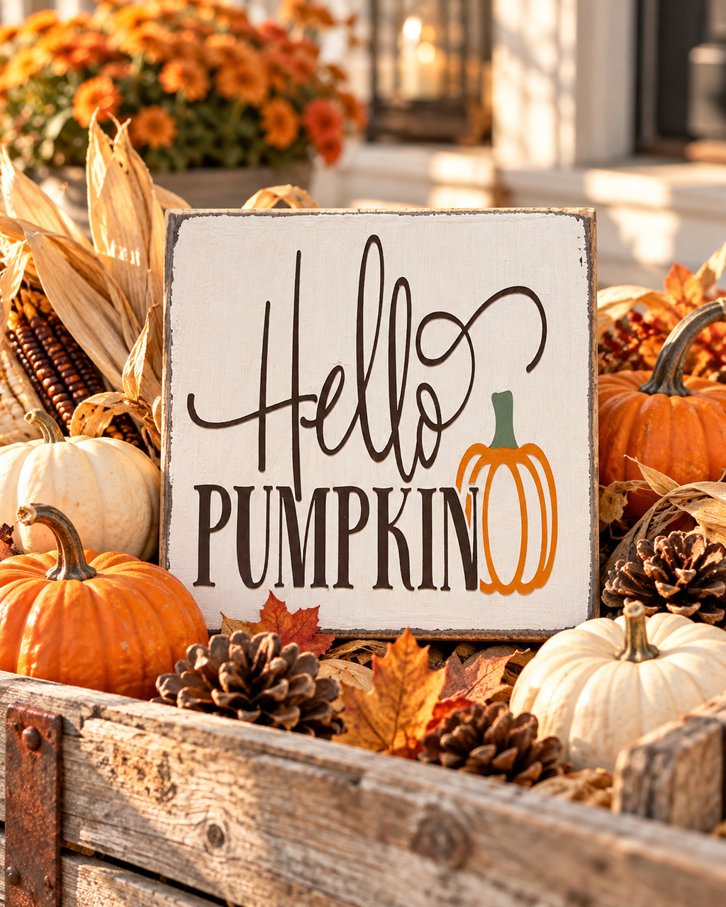 Hello Pumpkin Wood Block Sign - Fall Tiered Tray & Shelf Decor (5"x5")