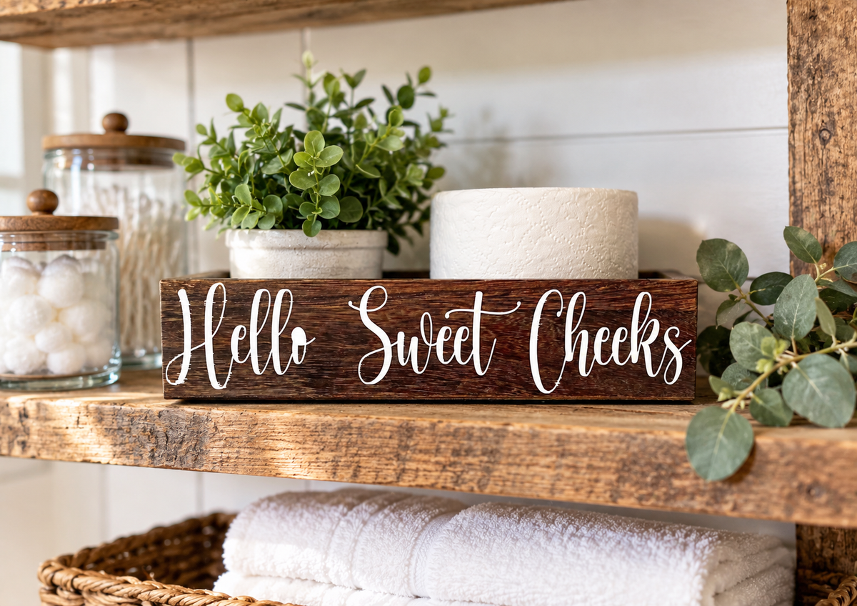 "Hello Sweet Cheeks" Farmhouse Toilet Paper Box – Rustic Bathroom Decor (11 in)