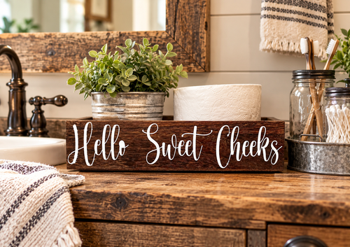 "Hello Sweet Cheeks" Farmhouse Toilet Paper Box – Rustic Bathroom Decor (11 in)