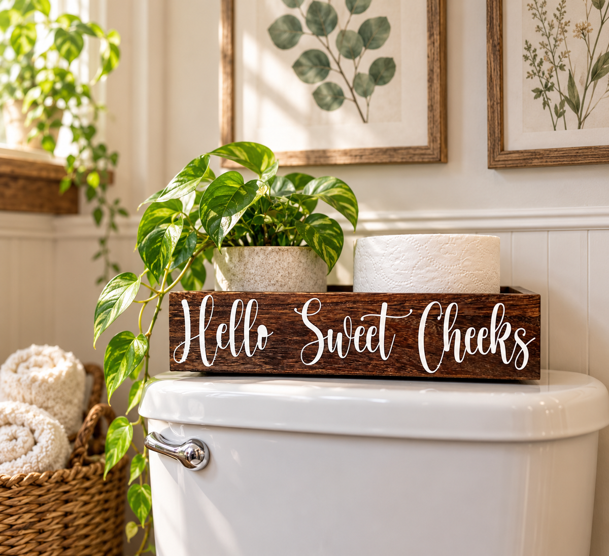 "Hello Sweet Cheeks" Farmhouse Toilet Paper Box – Rustic Bathroom Decor (11 in)
