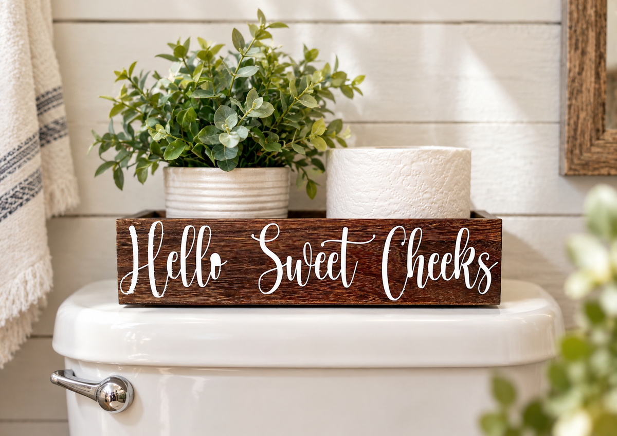 "Hello Sweet Cheeks" Farmhouse Toilet Paper Box – Rustic Bathroom Decor (11 in)