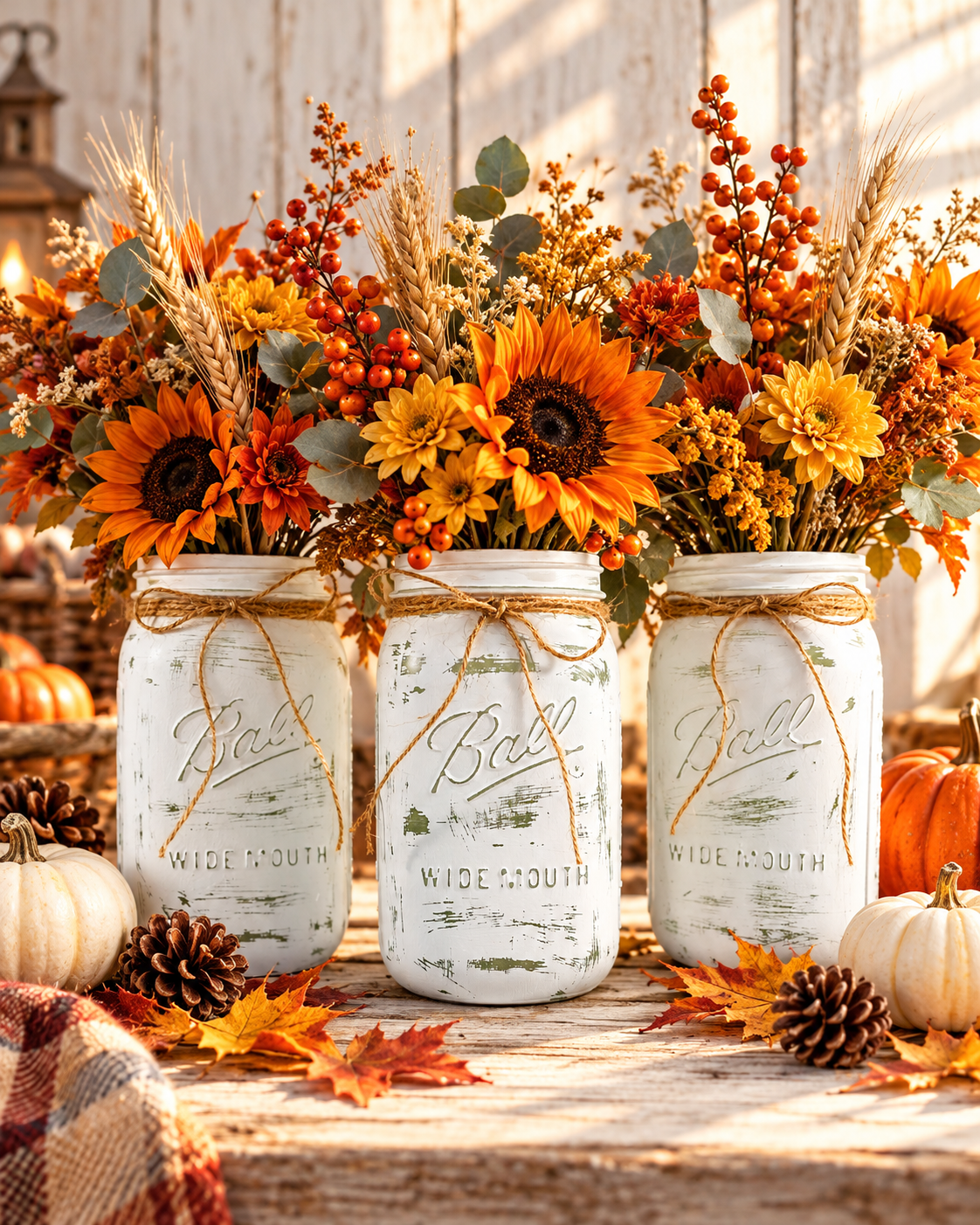 Hand-Painted Farmhouse Mason Jars Centerpiece – Set of 3 Shabby Chic Quart Jars
