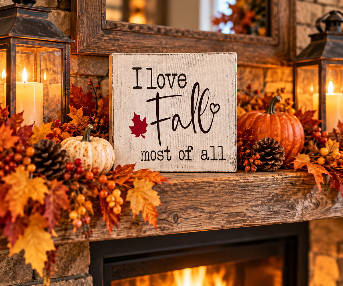 I Love Fall Most of All Wood Block Sign - Fall Tiered Tray & Shelf Decor (5"x5")