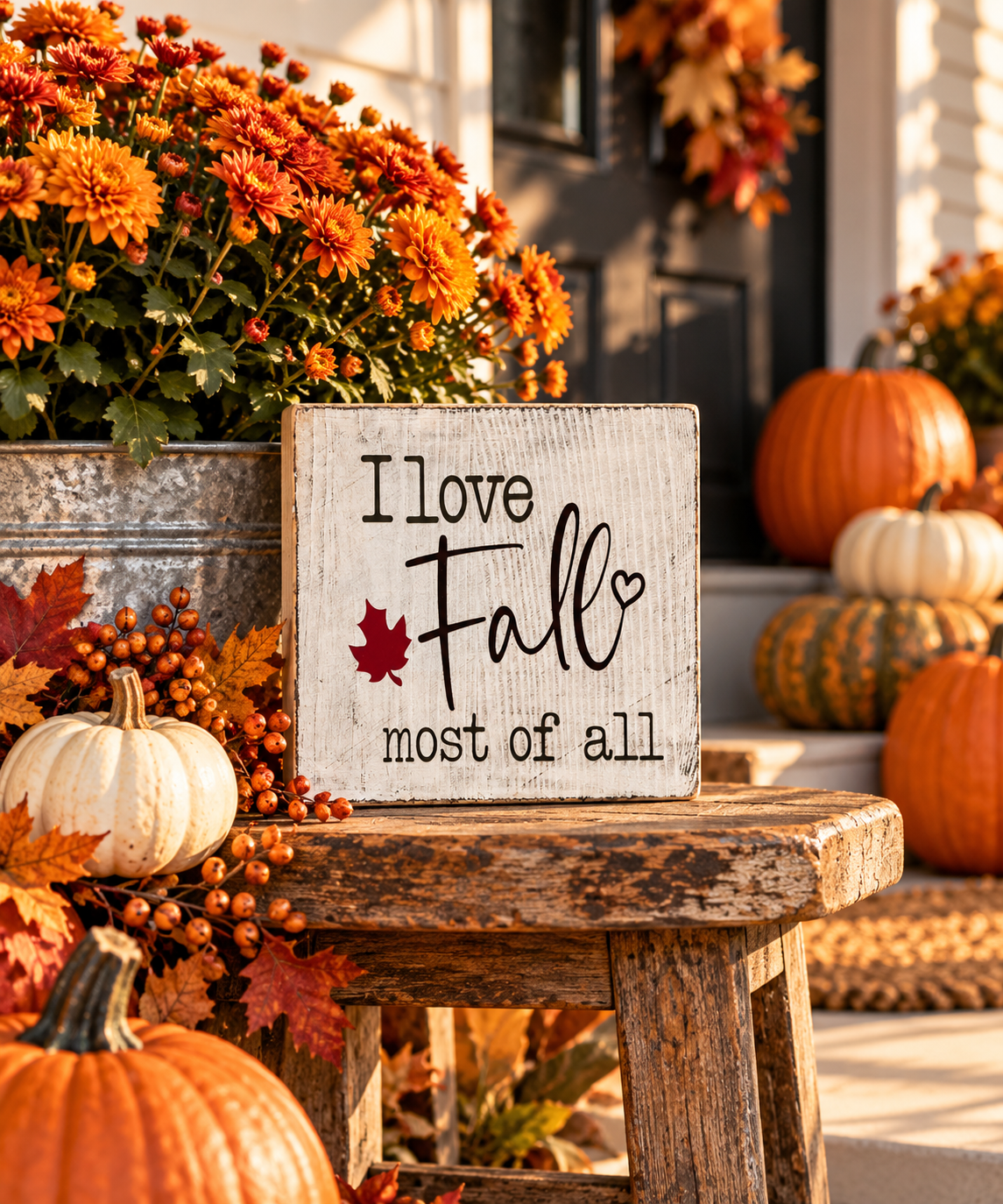 I Love Fall Most of All Wood Block Sign - Fall Tiered Tray & Shelf Decor (5"x5")