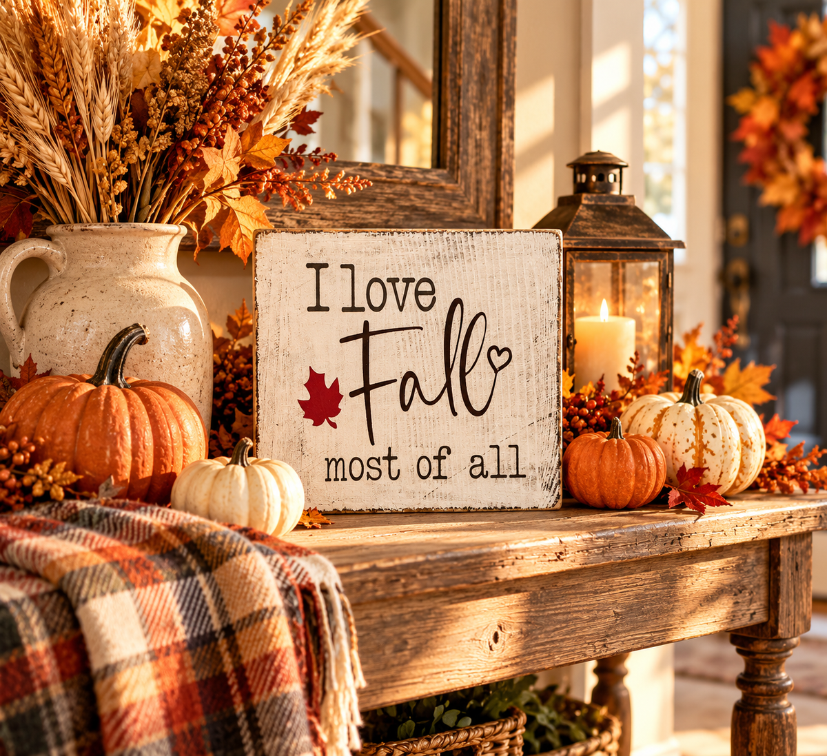 I Love Fall Most of All Wood Block Sign - Fall Tiered Tray & Shelf Decor (5"x5")