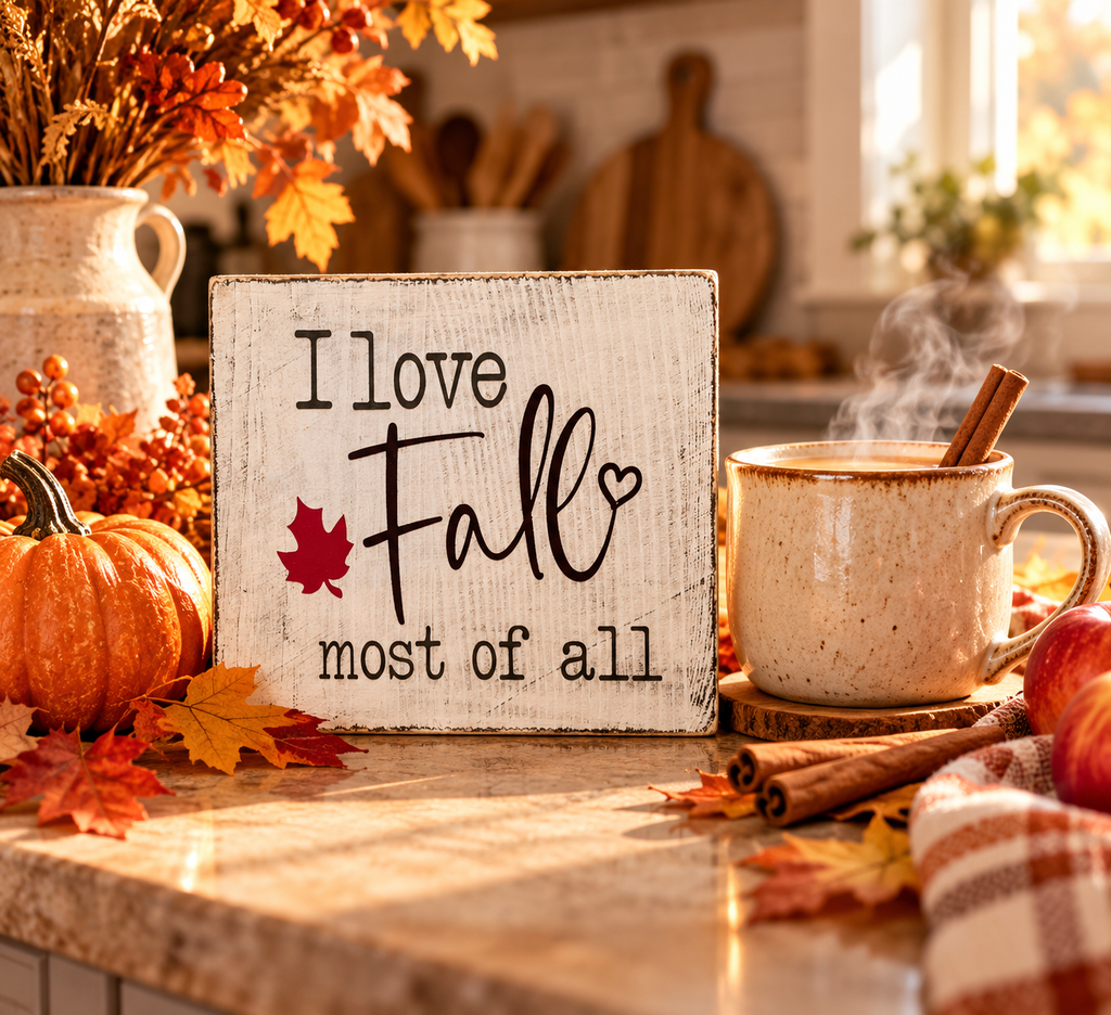 I Love Fall Most of All Wood Block Sign - Fall Tiered Tray & Shelf Decor (5"x5")