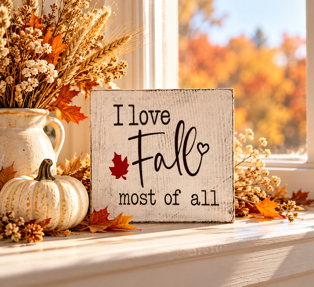 I Love Fall Most of All Wood Block Sign - Fall Tiered Tray & Shelf Decor (5"x5")