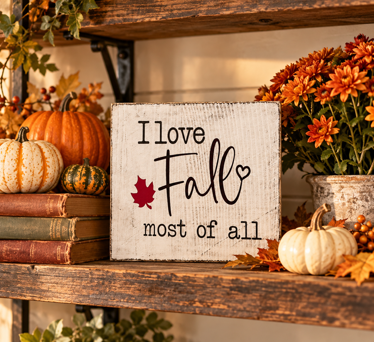 I Love Fall Most of All Wood Block Sign - Fall Tiered Tray & Shelf Decor (5"x5")