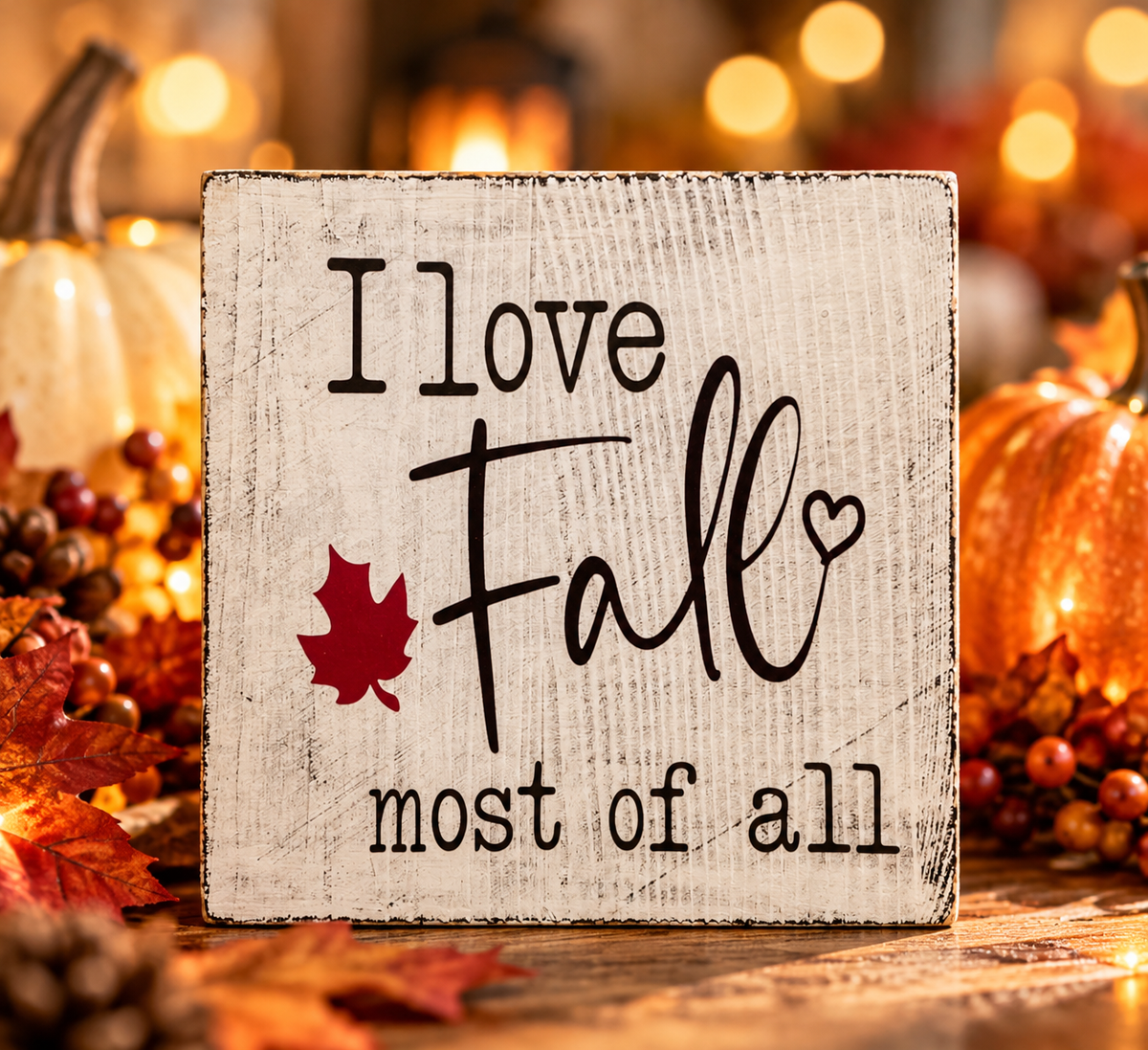 I Love Fall Most of All Wood Block Sign - Fall Tiered Tray & Shelf Decor (5"x5")