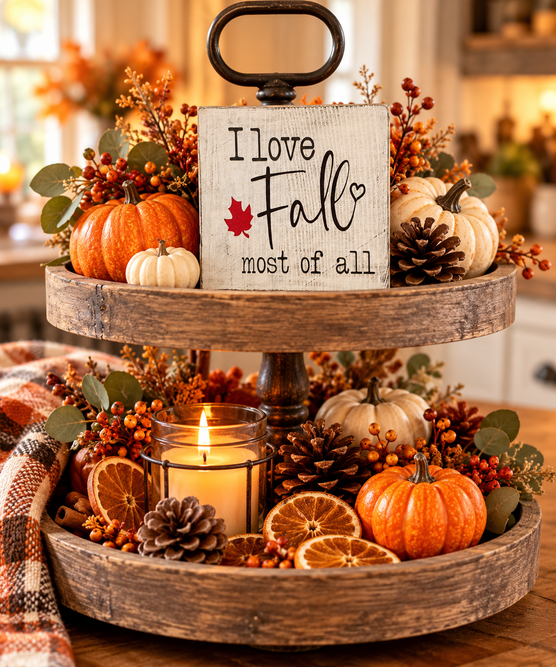 I Love Fall Most of All Wood Block Sign - Fall Tiered Tray & Shelf Decor (5"x5")