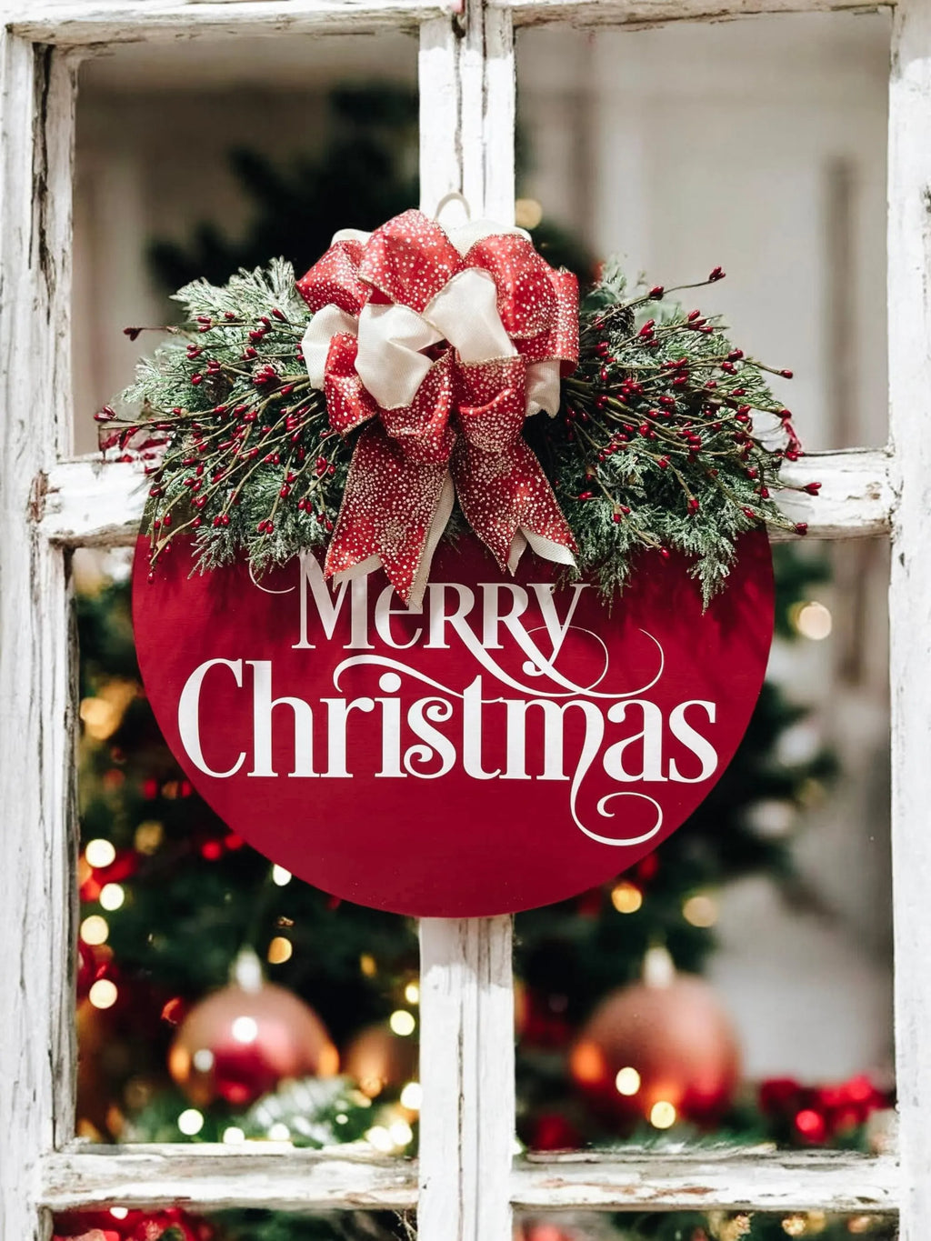 Red Merry Christmas round pine wood door hanger with frosted berry swag and red cream gold glitter bow hung in rustic white window frame with lit Christmas tree in background wide shot