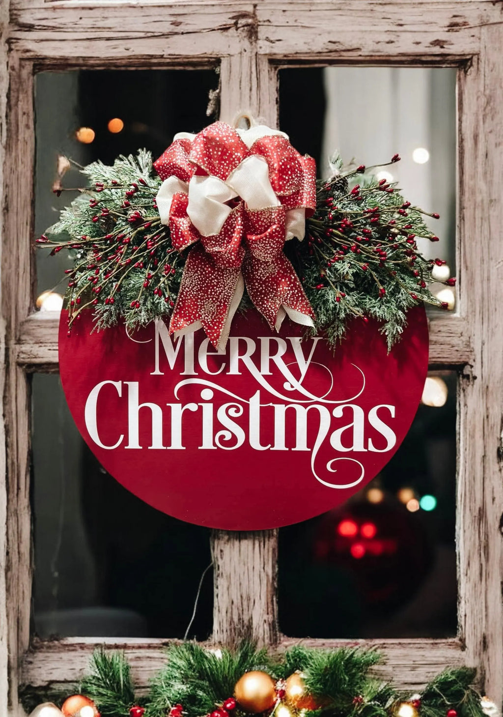 Red Merry Christmas round pine wood door hanger with frosted berry swag and red cream gold glitter bow hung in rustic white window frame with bokeh Christmas lights at night