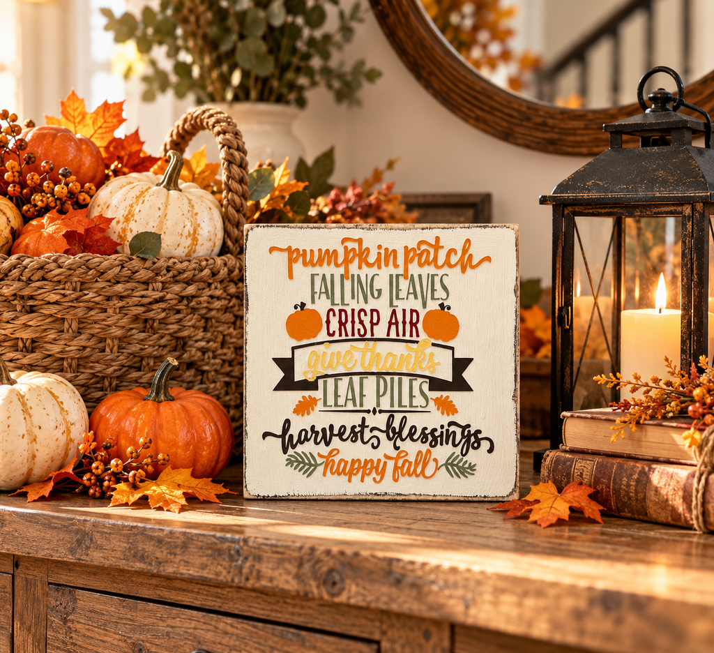 Farmhouse Fall Decor Sign – Tiered Tray Autumn Favorites (5x5 in)