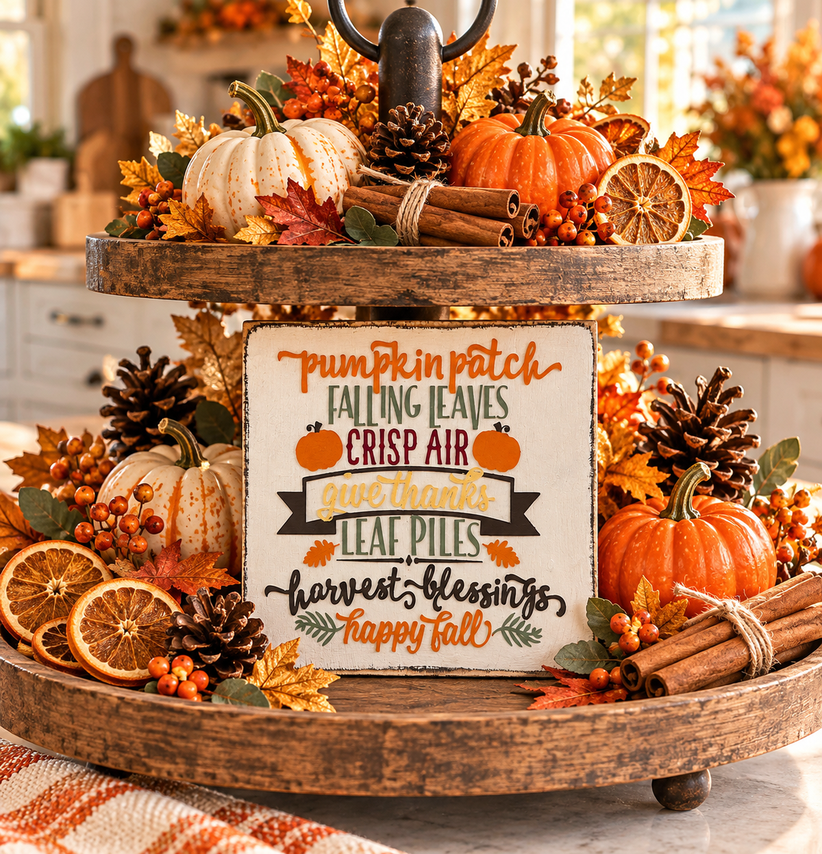Farmhouse Fall Decor Sign – Tiered Tray Autumn Favorites (5x5 in)