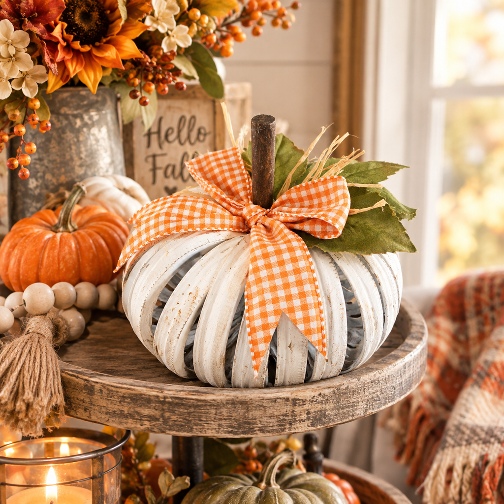 Rustic White Mason Jar Lid Pumpkin - Fall Table & Tiered Tray Decor (8"x4")