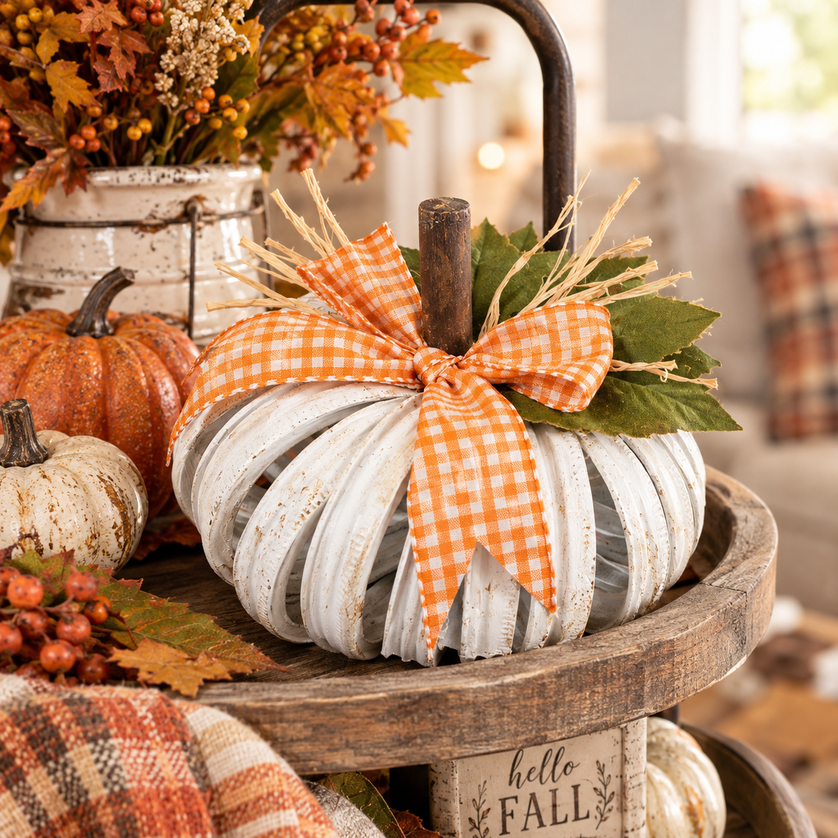 Rustic White Mason Jar Lid Pumpkin - Fall Table & Tiered Tray Decor (8"x4")