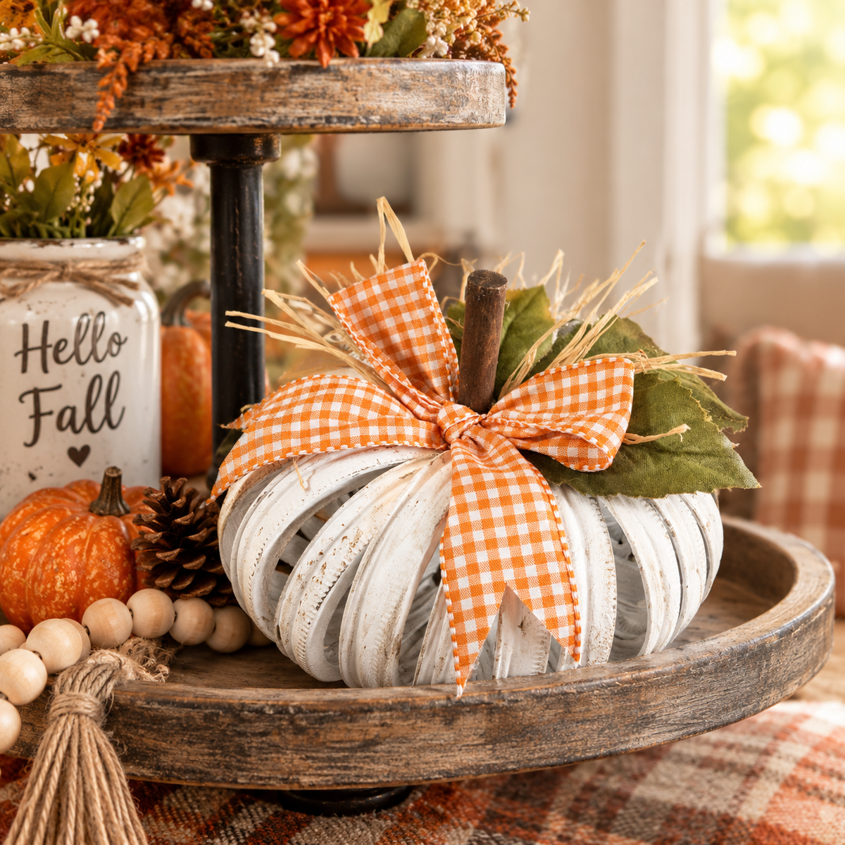 Rustic White Mason Jar Lid Pumpkin - Fall Table & Tiered Tray Decor (8"x4")