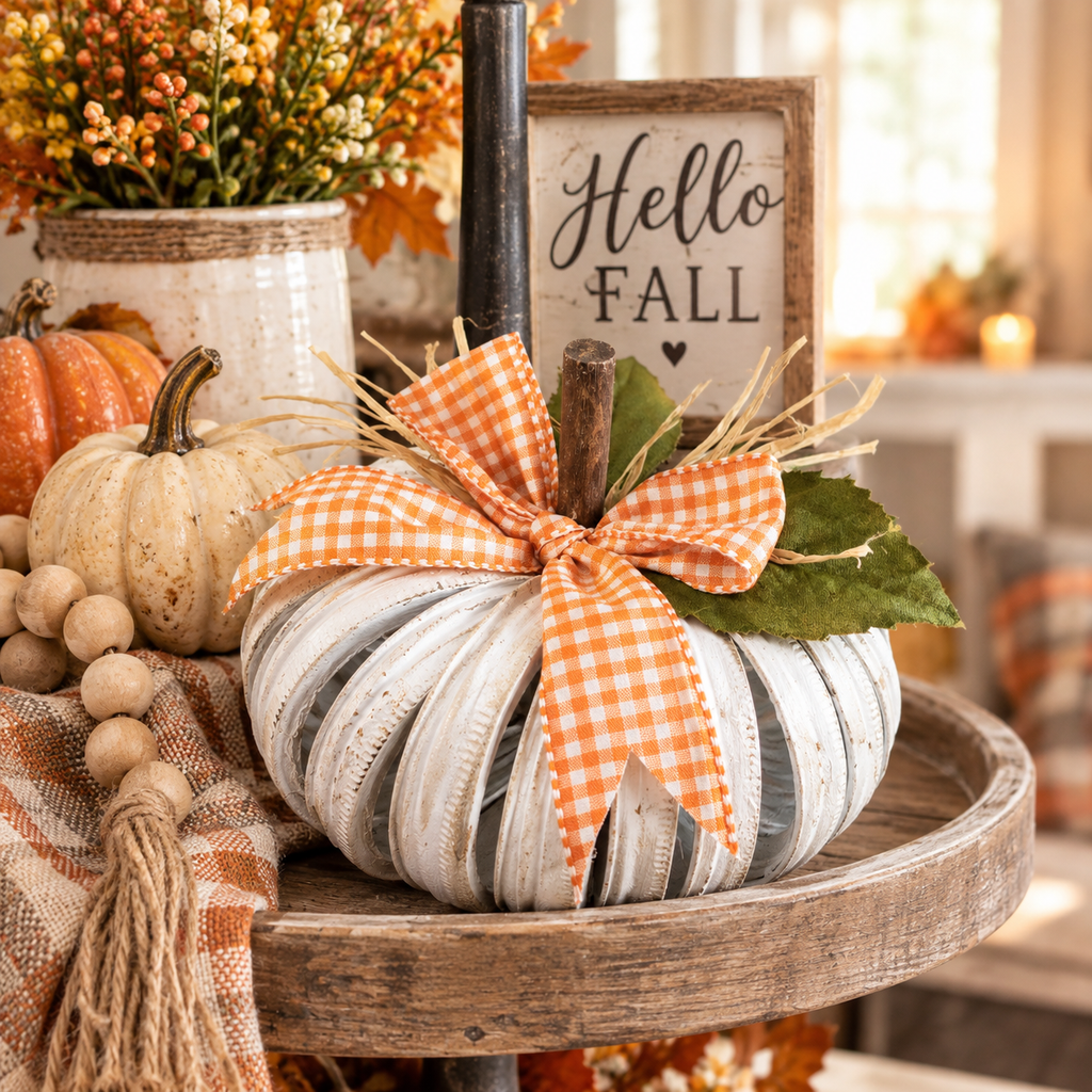 Rustic White Mason Jar Lid Pumpkin - Fall Table & Tiered Tray Decor (8"x4")