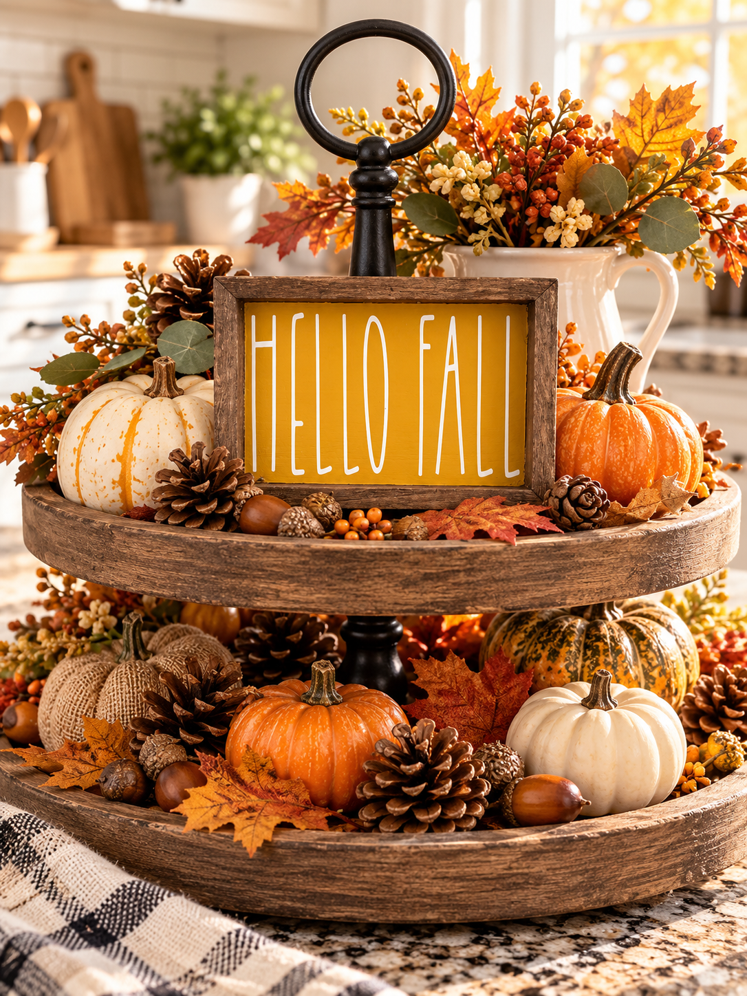 Hello Fall Framed Wood Sign – Farmhouse Tiered Tray Decor (6”×4”)