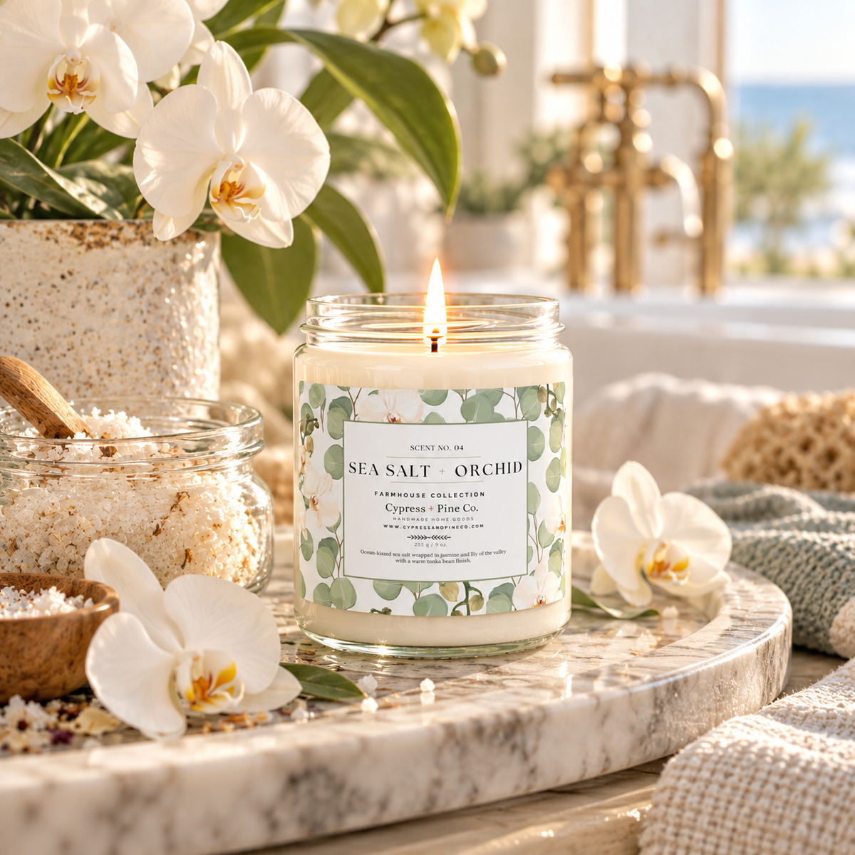 Sea Salt + Orchid Candle – Soy Wax Farmhouse Collection (9 oz)