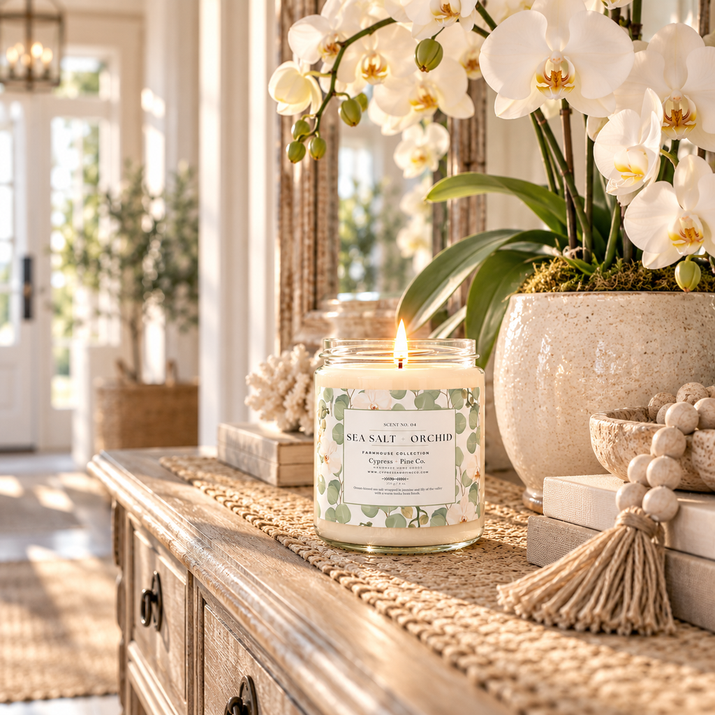 Sea Salt + Orchid Candle – Soy Wax Farmhouse Collection (9 oz)