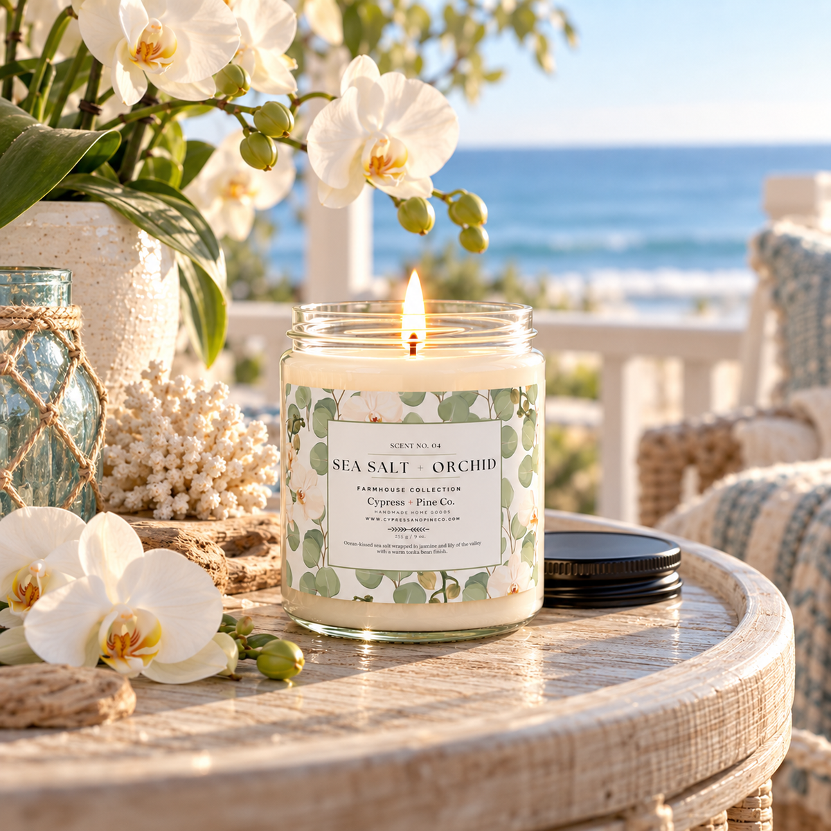 Sea Salt + Orchid Candle – Soy Wax Farmhouse Collection (9 oz)