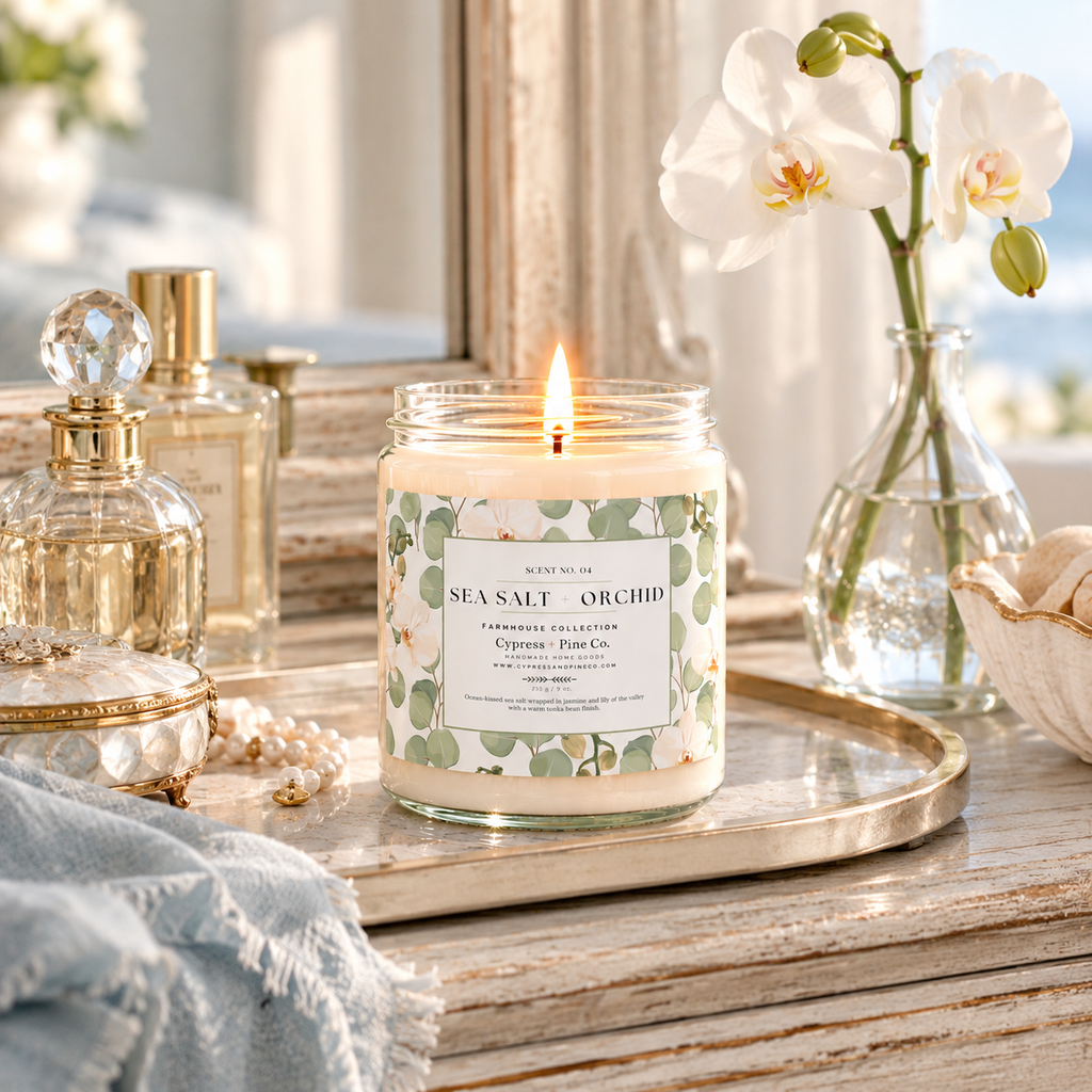 Sea Salt + Orchid Candle – Soy Wax Farmhouse Collection (9 oz)