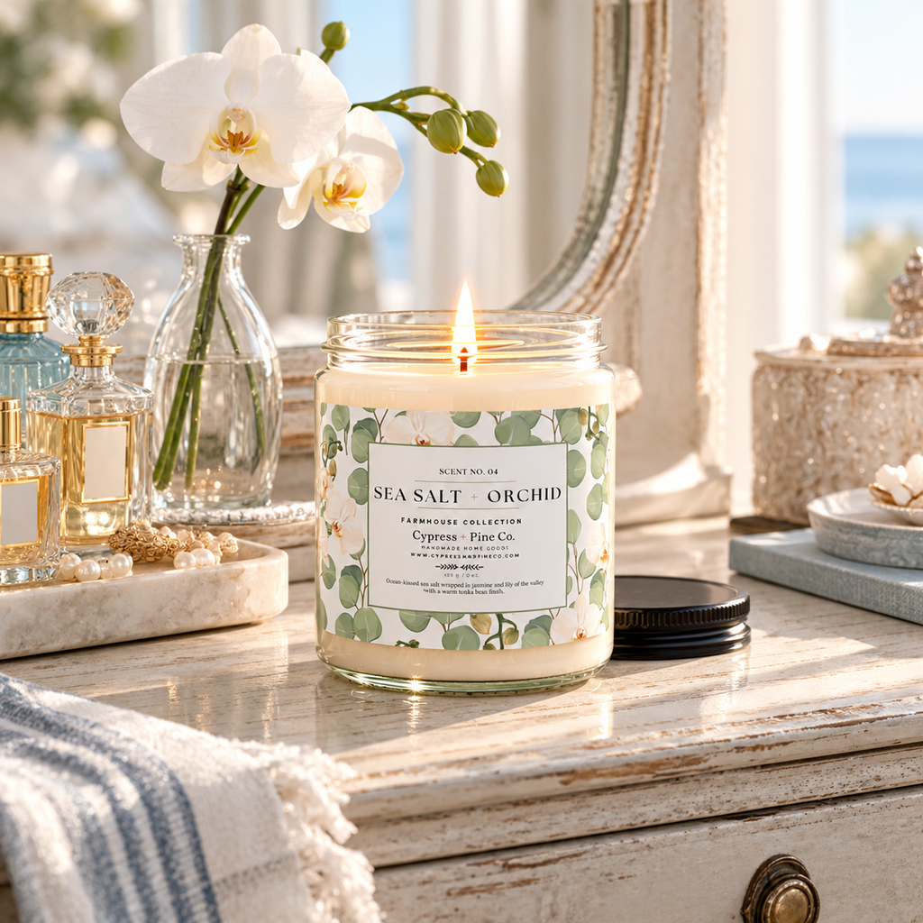 Sea Salt + Orchid Candle – Soy Wax Farmhouse Collection (9 oz)