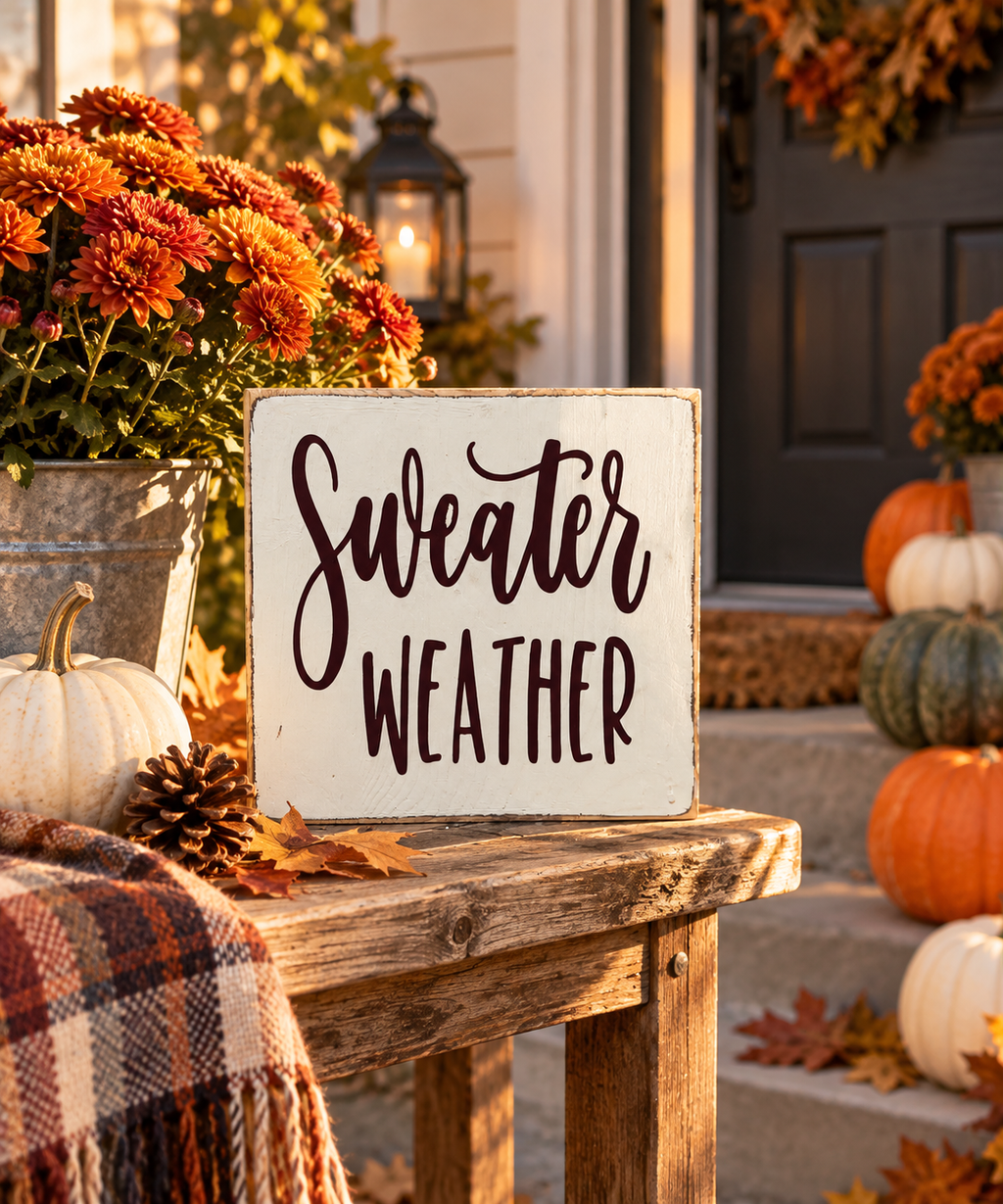 Sweater Weather Sign – Farmhouse Fall Tiered Tray Decor (5x5 in)