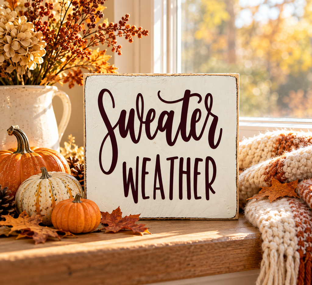 Sweater Weather Sign – Farmhouse Fall Tiered Tray Decor (5x5 in)