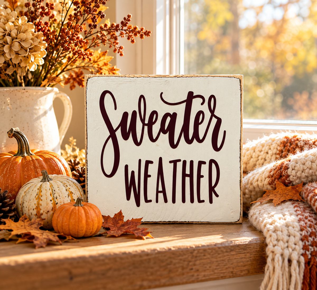 Sweater Weather Sign – Farmhouse Fall Tiered Tray Decor (5x5 in)