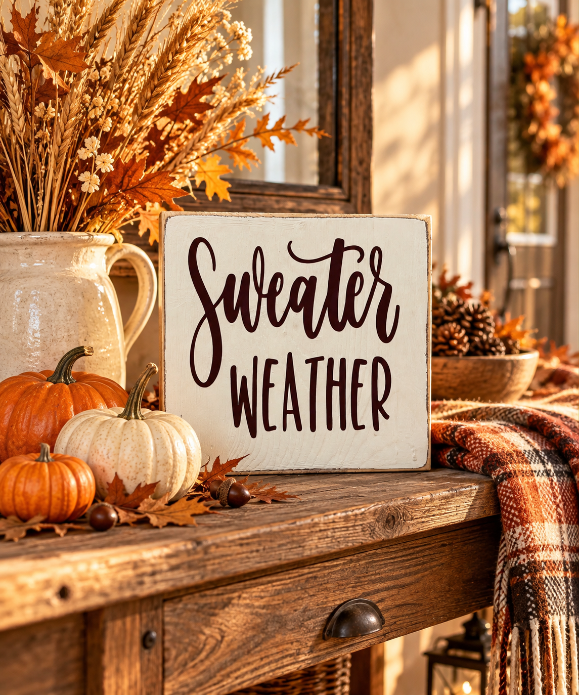 Sweater Weather Sign – Farmhouse Fall Tiered Tray Decor (5x5 in)