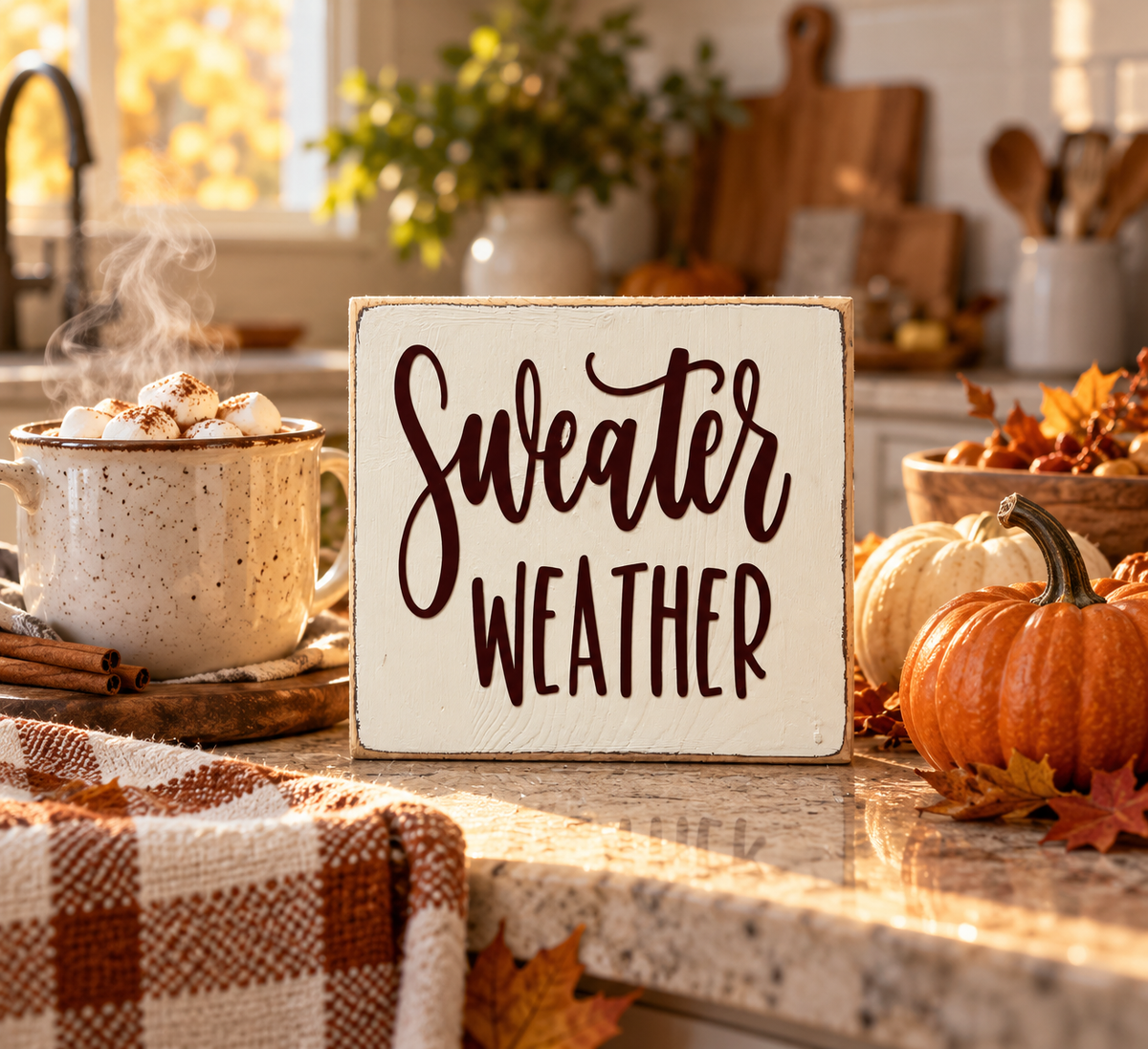Sweater Weather Sign – Farmhouse Fall Tiered Tray Decor (5x5 in)