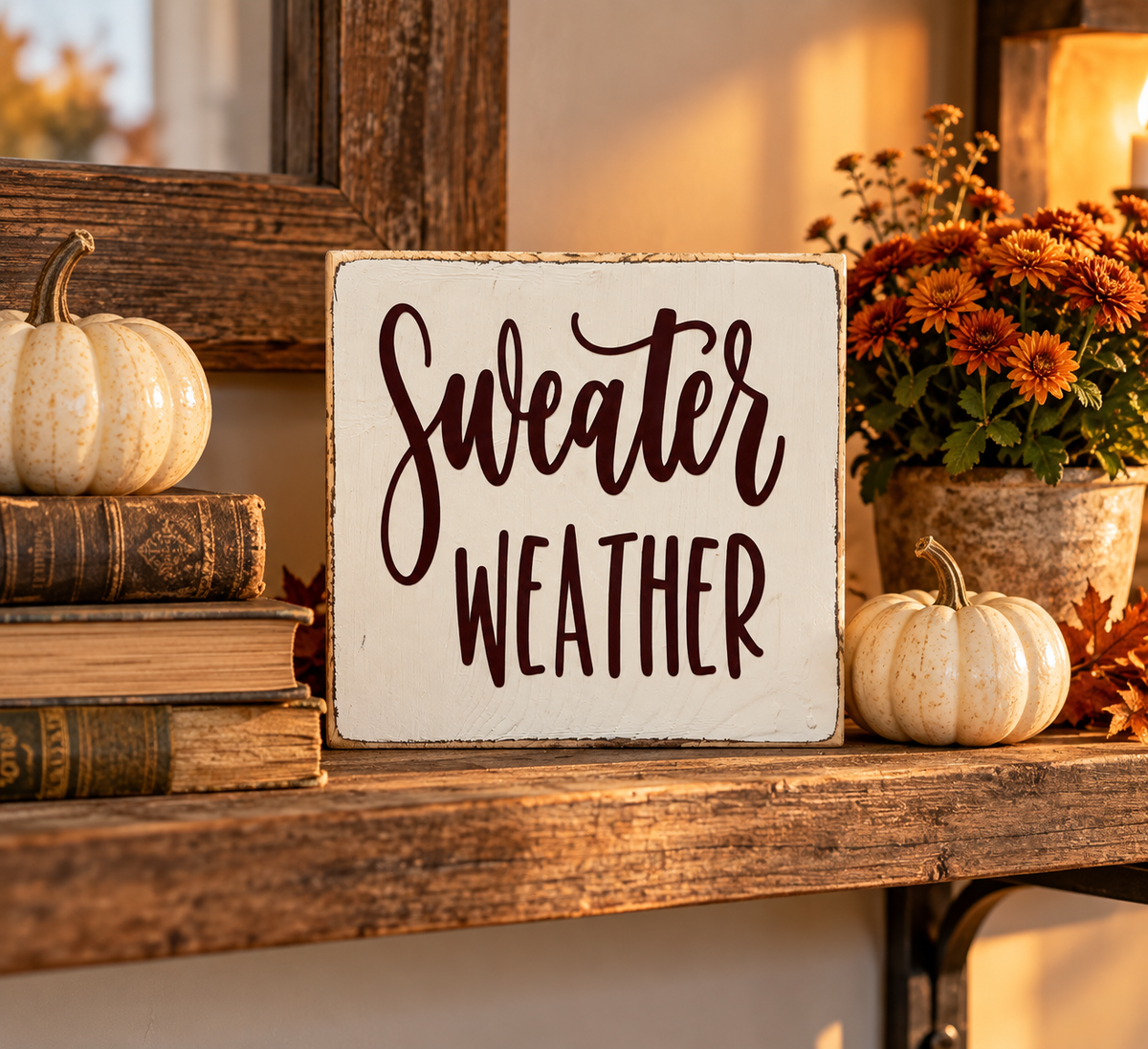 Sweater Weather Sign – Farmhouse Fall Tiered Tray Decor (5x5 in)