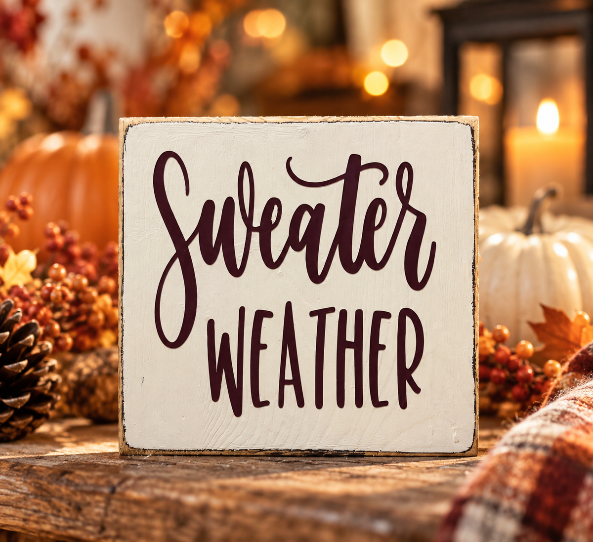 Sweater Weather Sign – Farmhouse Fall Tiered Tray Decor (5x5 in)