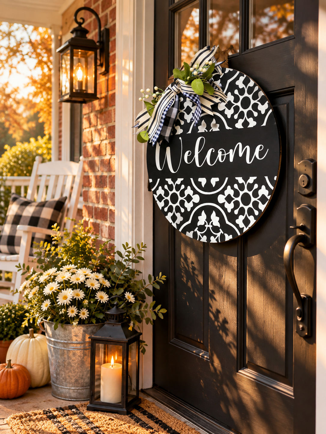 Welcome Door Hanger – Black & White Farmhouse Pine Wood Round Sign