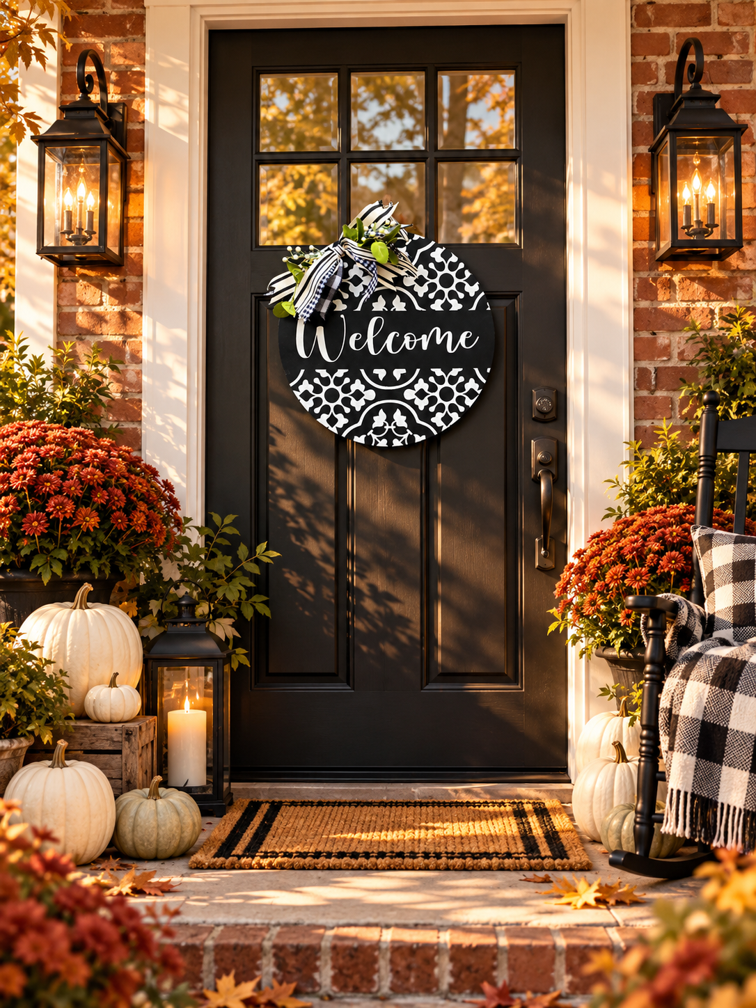 Welcome Door Hanger – Black & White Farmhouse Pine Wood Round Sign