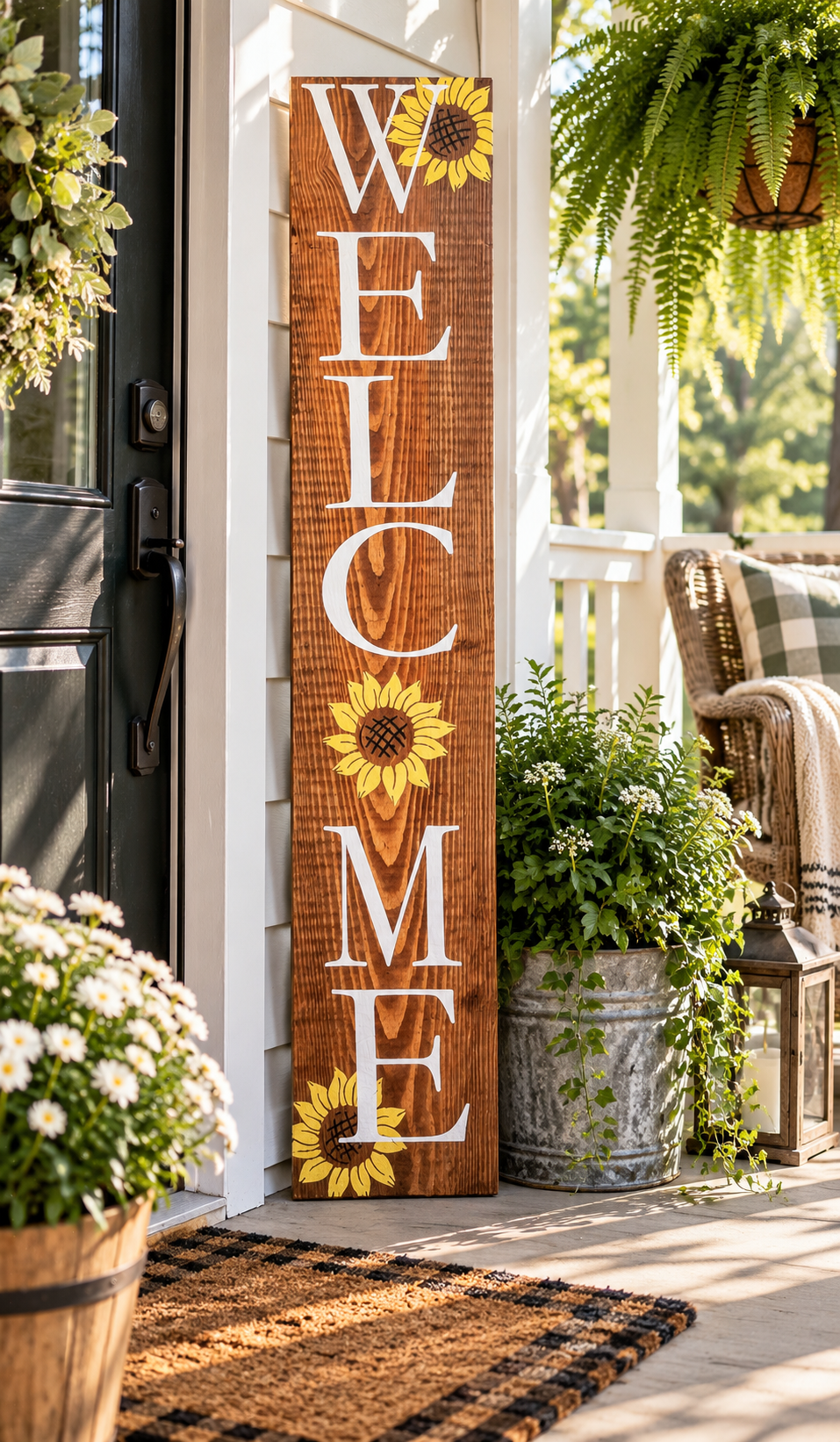 Handpainted Welcome Porch Sign - White Pine with Sunflowers (4 ft)