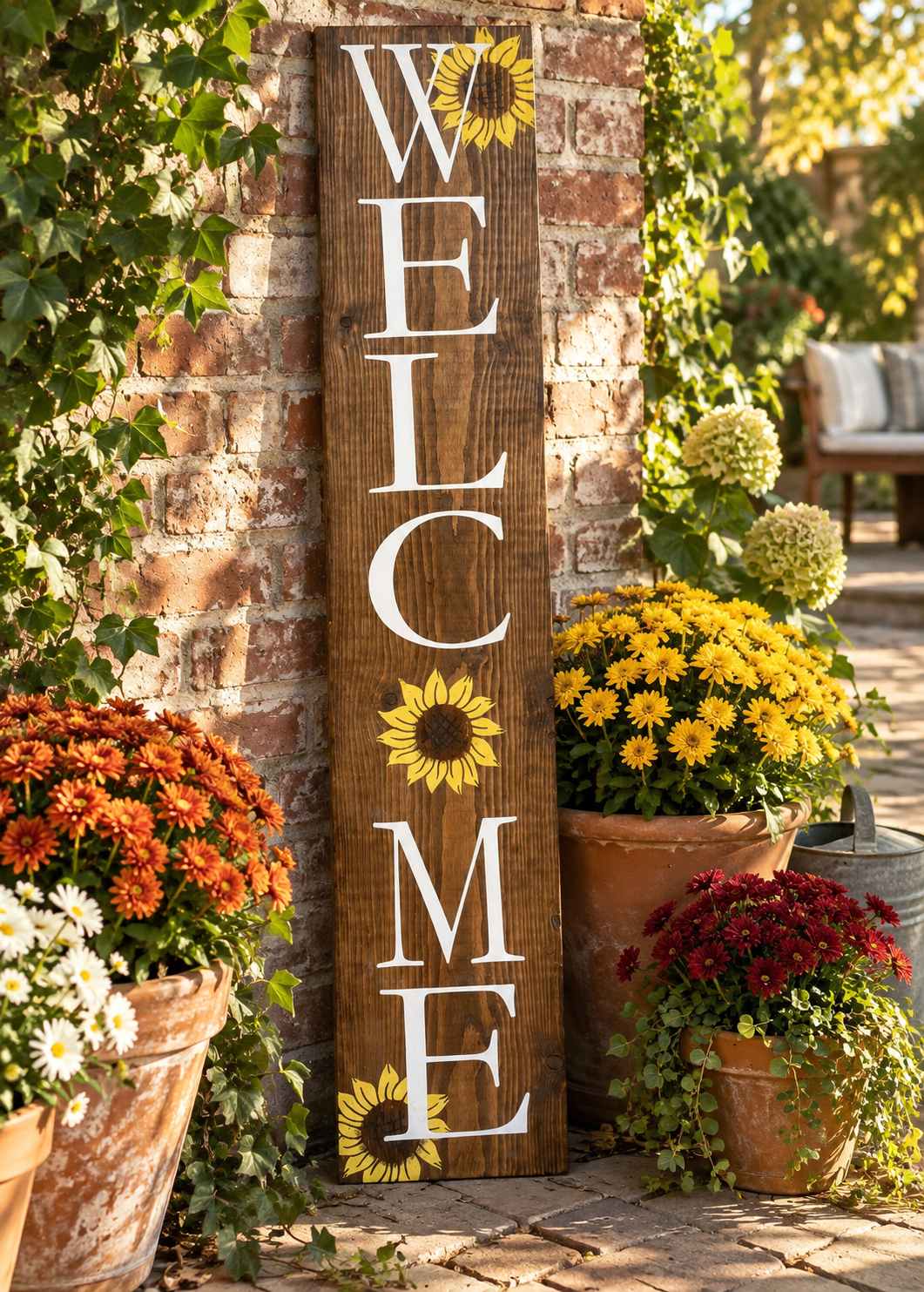 Handpainted Welcome Porch Sign - White Pine with Sunflowers (4 ft)