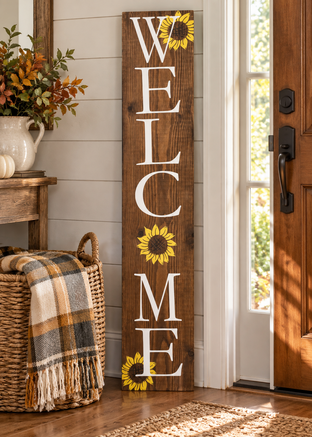Handpainted Welcome Porch Sign - White Pine with Sunflowers (4 ft)
