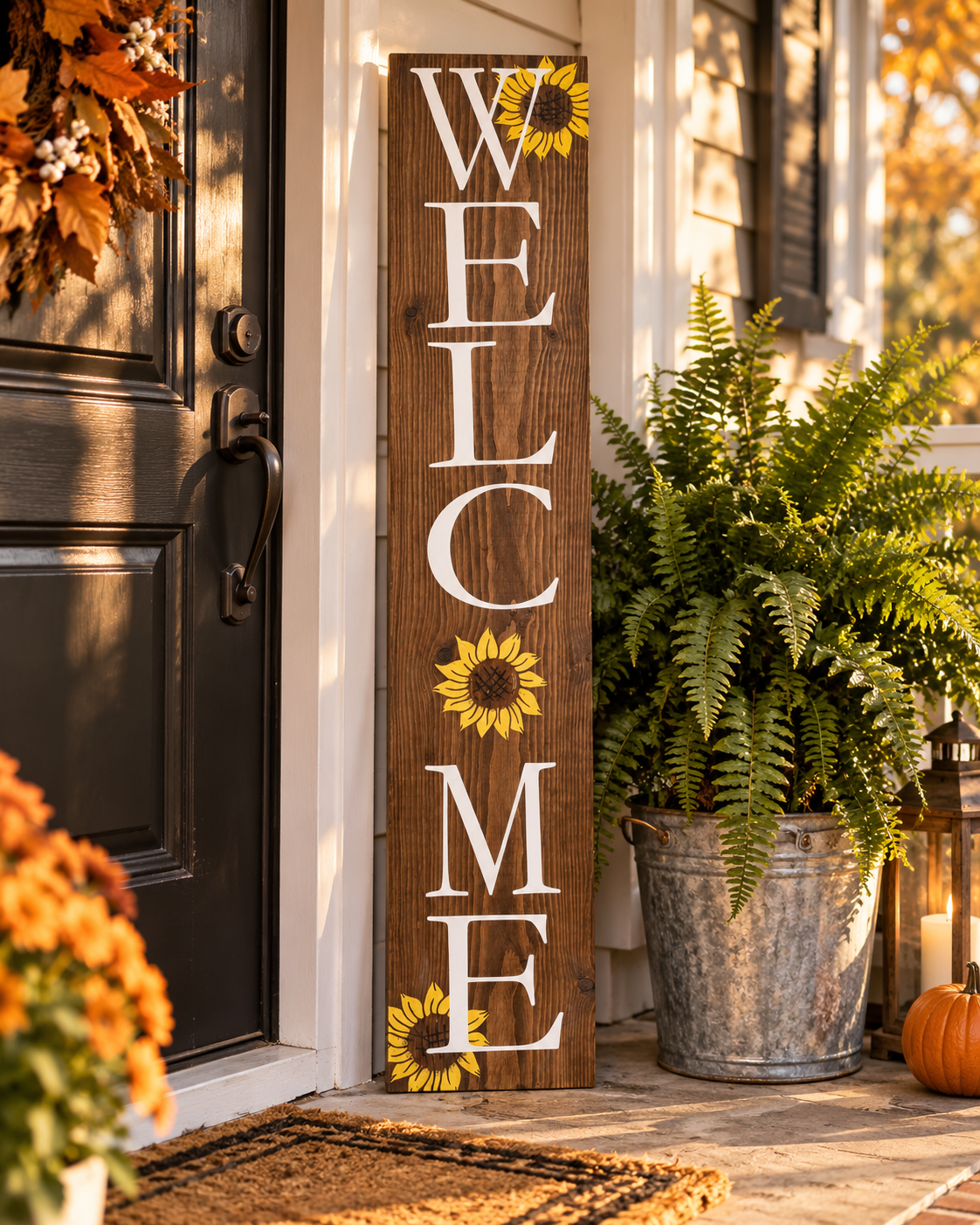 Handpainted Welcome Porch Sign - White Pine with Sunflowers (4 ft)