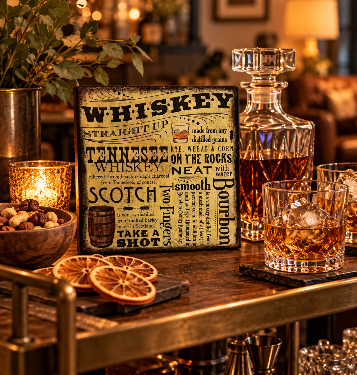Whiskey Bar Wood Block Sign – Rustic Cocktail Tiered Tray Decor (5x5 in)