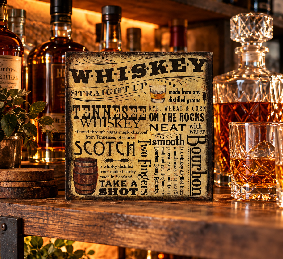 Whiskey Bar Wood Block Sign – Rustic Cocktail Tiered Tray Decor (5x5 in)